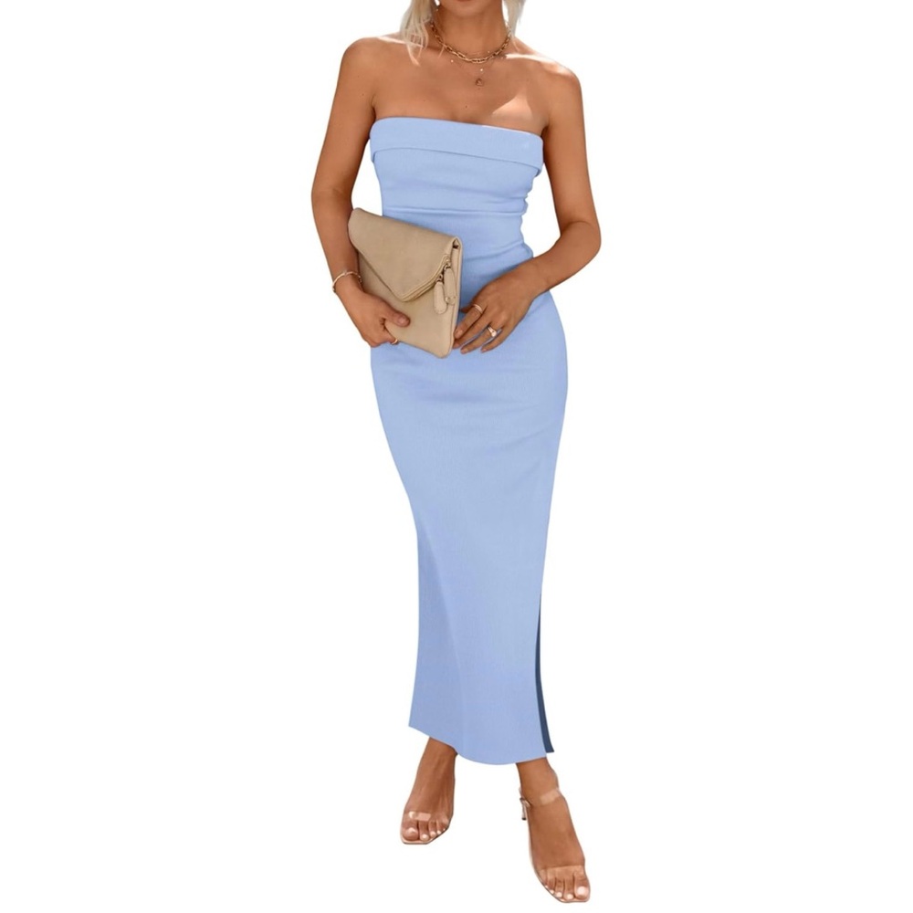 Women's Summer Bodycon Maxi Tube Dress Ribbed Strapless Side Slit Long
